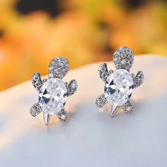 “Just Keep Swimming” Cute Turtle Diamond Earrings - Picture 1 of 11